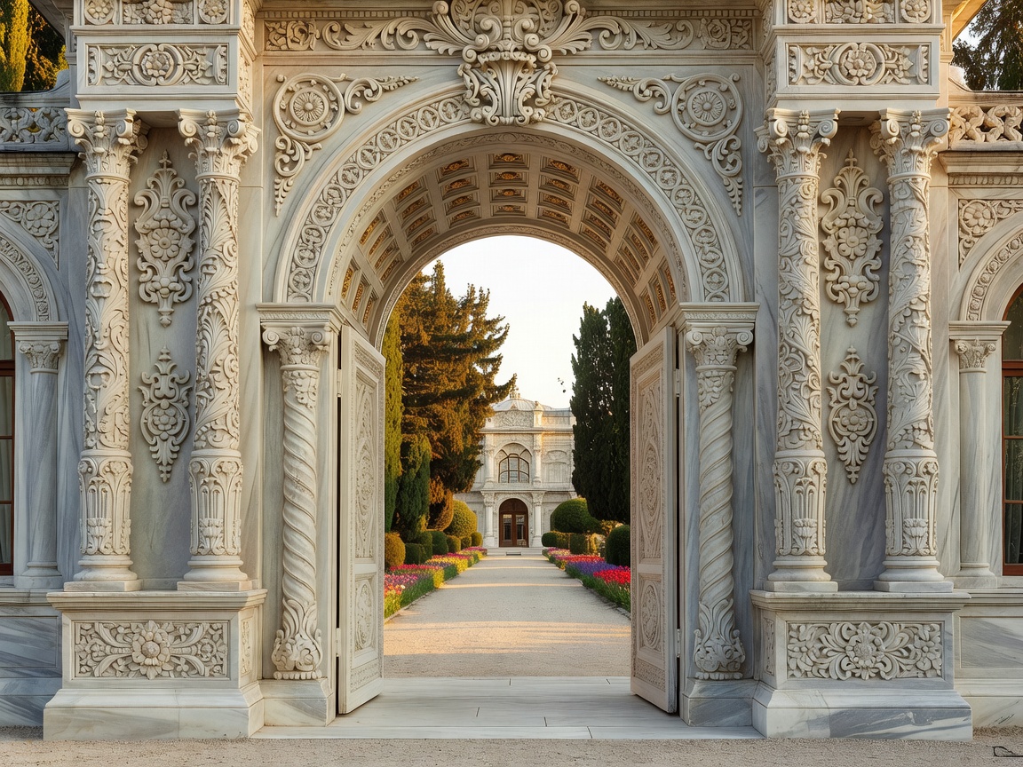 Historic ornate carved marble gateway leading into Çırağan Palace grounds