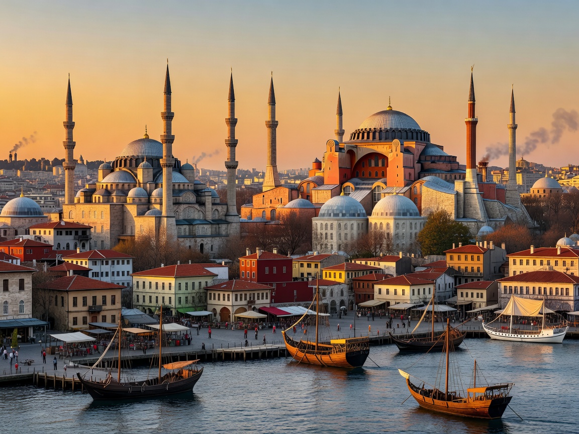 Istanbul skyline showing Sultanahmet minarets and Hagia Sophia across the Golden Horn