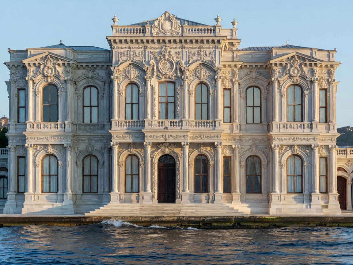 Majestic neo-baroque marble facade of Çırağan Palace facing the blue waters of the Bosphorus