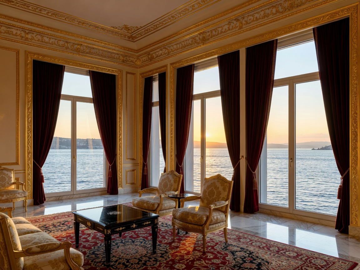Palace suite interior featuring high ceilings, gold leaf moldings, and panoramic Bosphorus windows