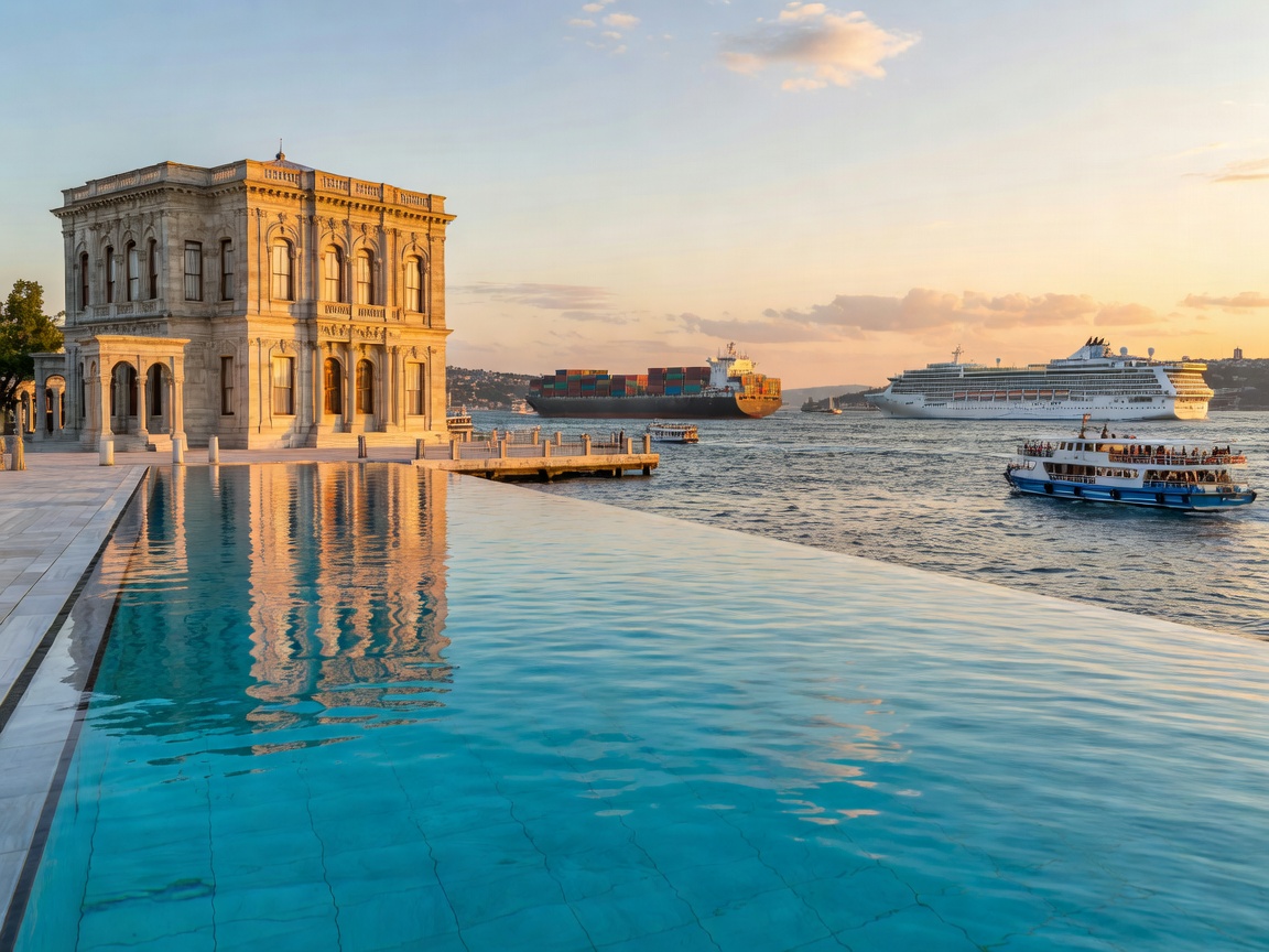 Waterfront infinity pool at Çırağan Palace with ships passing along the Bosphorus strait